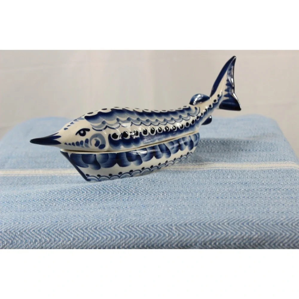 Gzhel Caviar Dish Sturgeon Fish Shape Handmade Blue/White 7
